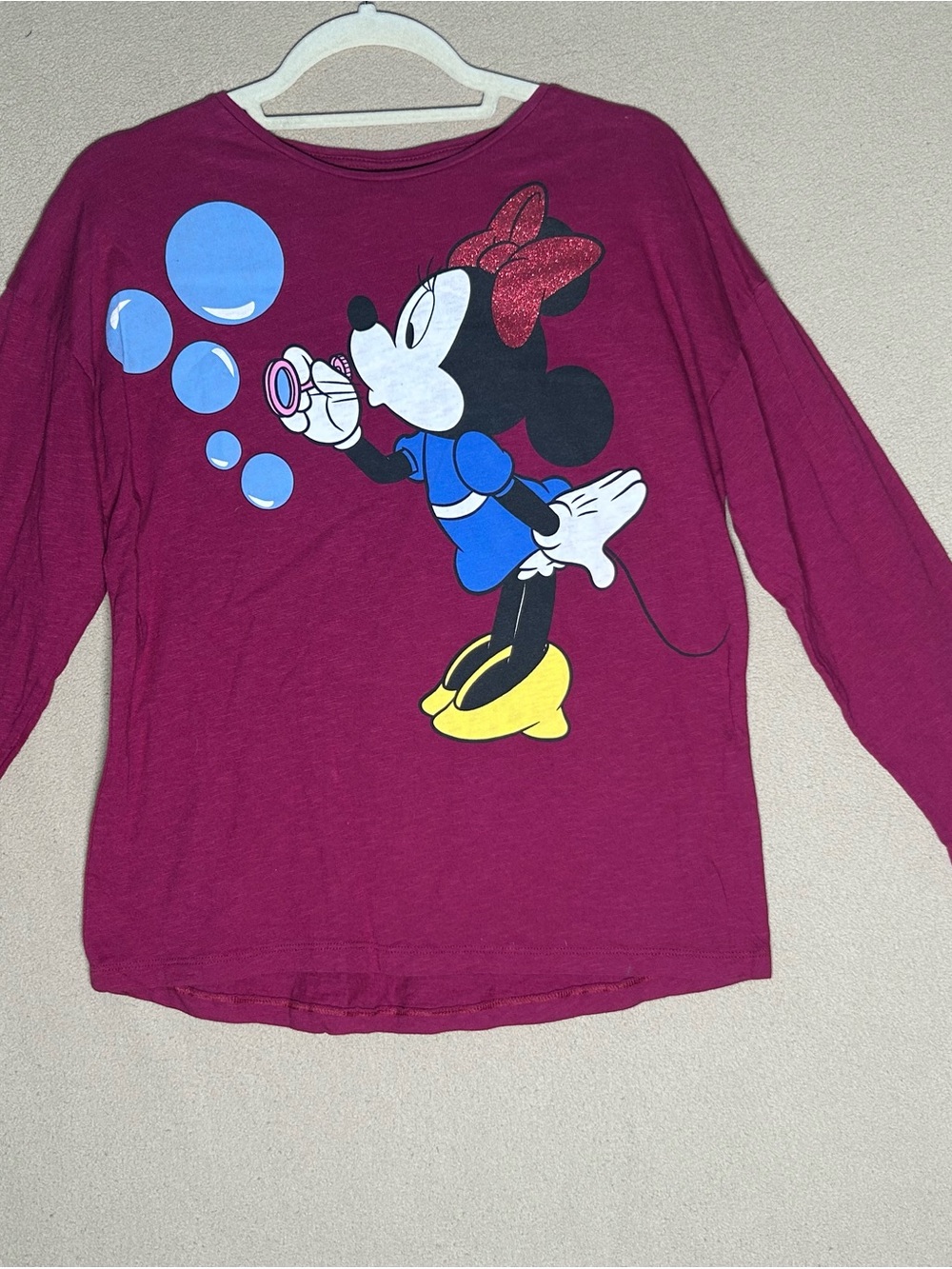 Zara Girls Burgundy Minnie Mouse Long Sleeve Top with Blue Bubbles Girls Large.